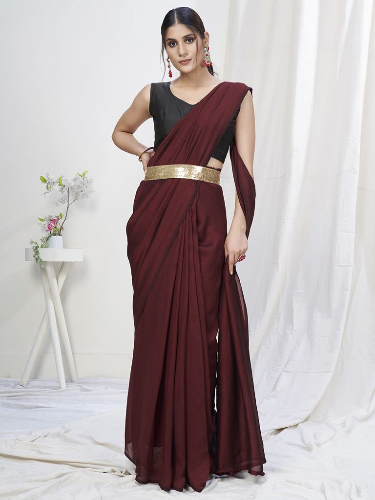 Wine Ready to Wear One Minute Lycra Saree - Colorful Saree