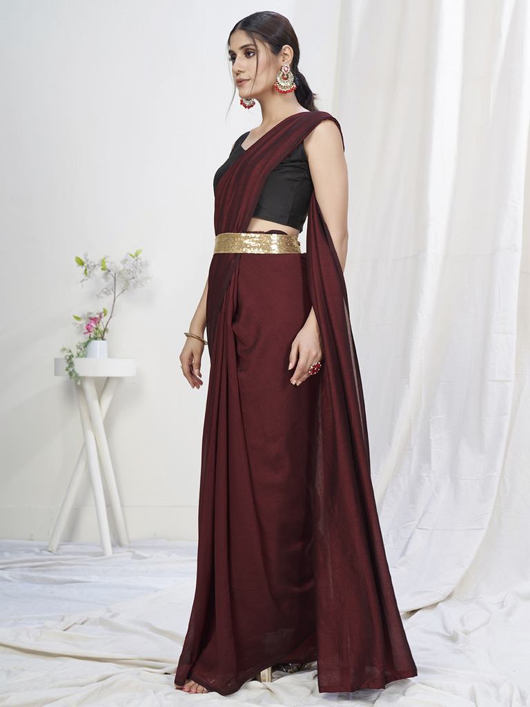 Wine Ready to Wear One Minute Lycra Saree - Colorful Saree