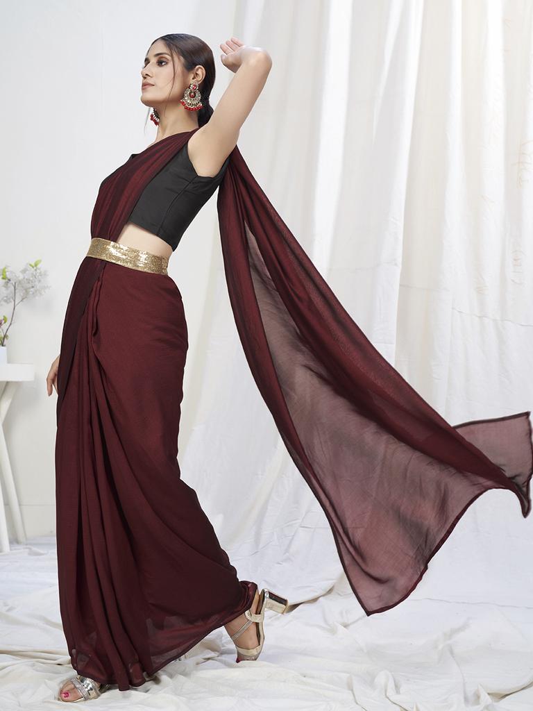 Wine Ready to Wear One Minute Lycra Saree - Colorful Saree