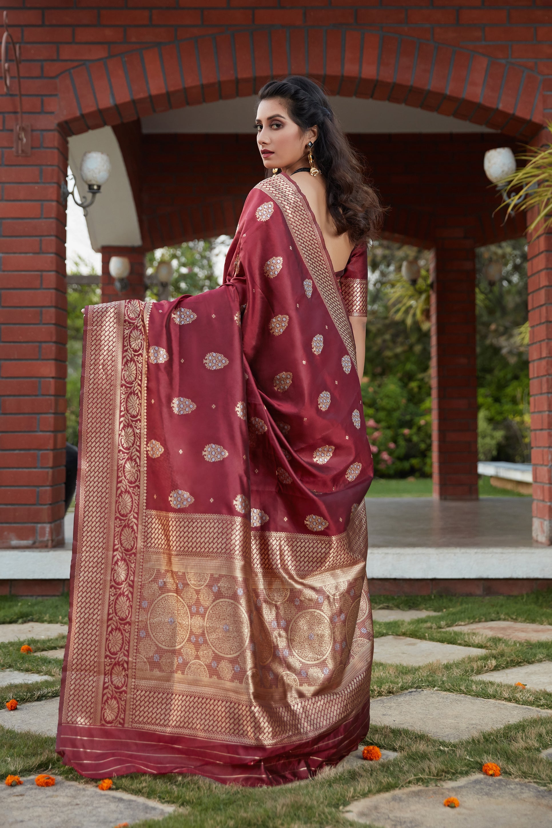 Wine Weaving Banarasi Silk Festival Wear Saree - Colorful Saree