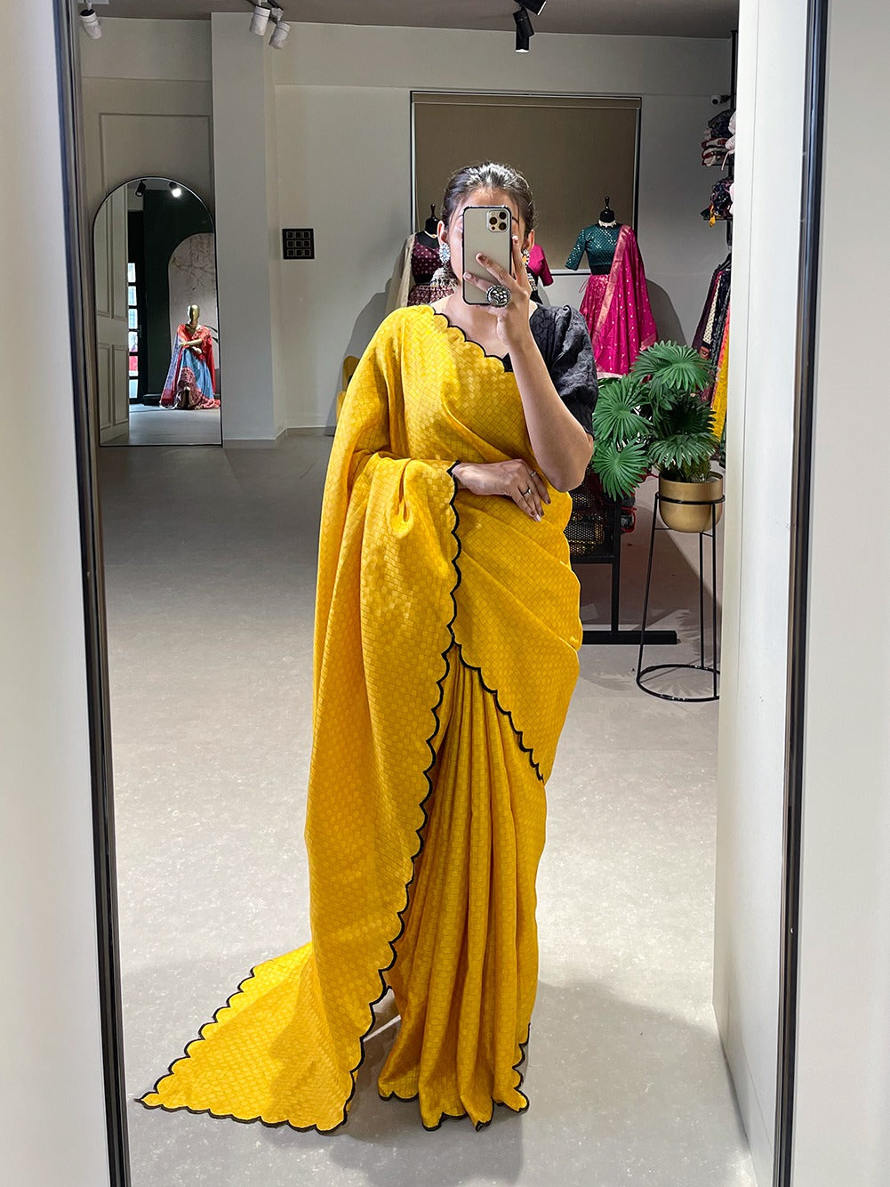 Exquisite Yellow Gadhwal Chex Saree with Arca Work and Lucknowi Work Blouse Colorful Saree