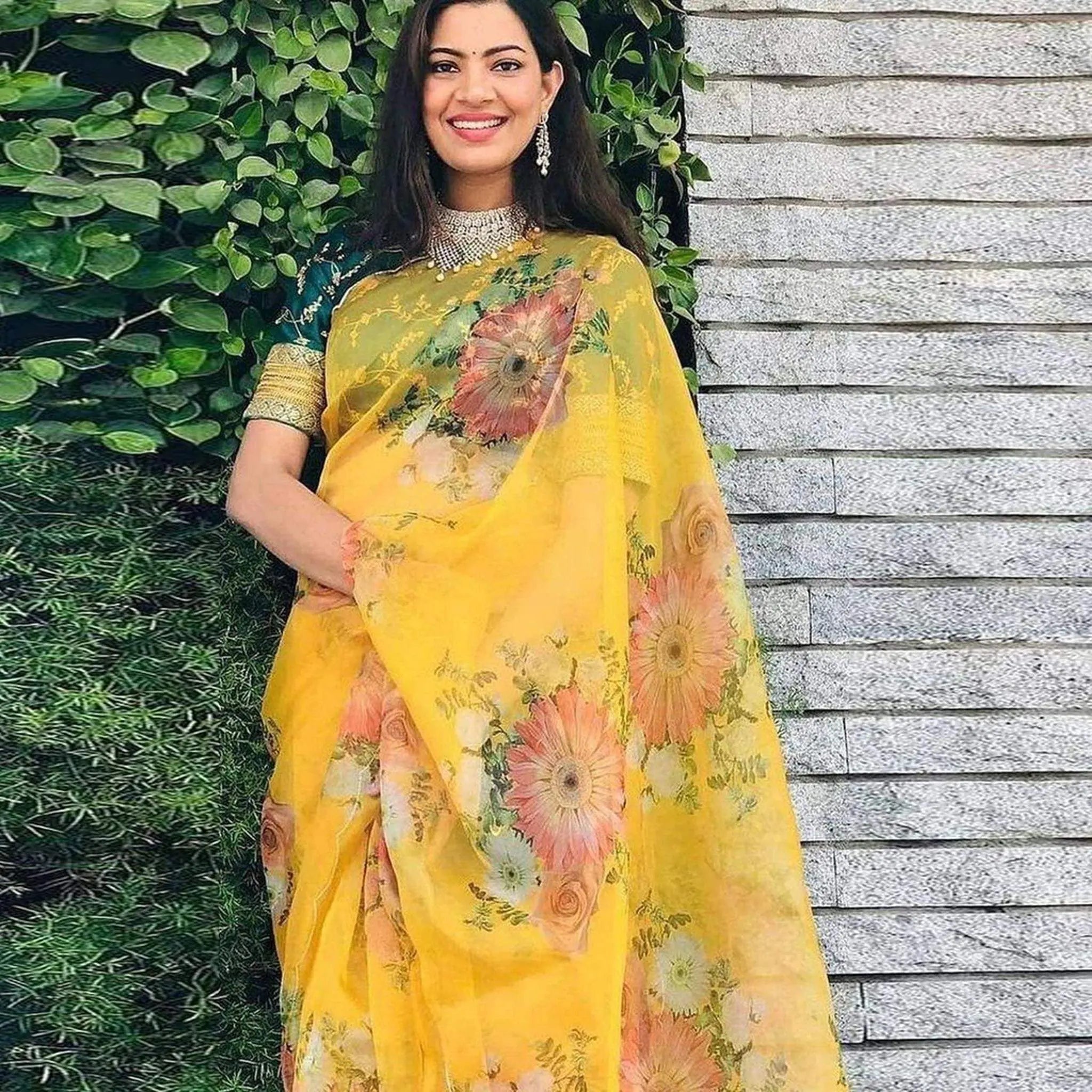 Yellow Saree in Organza Silk with Floral Print for Haldi and Wedding - Colorful Saree
