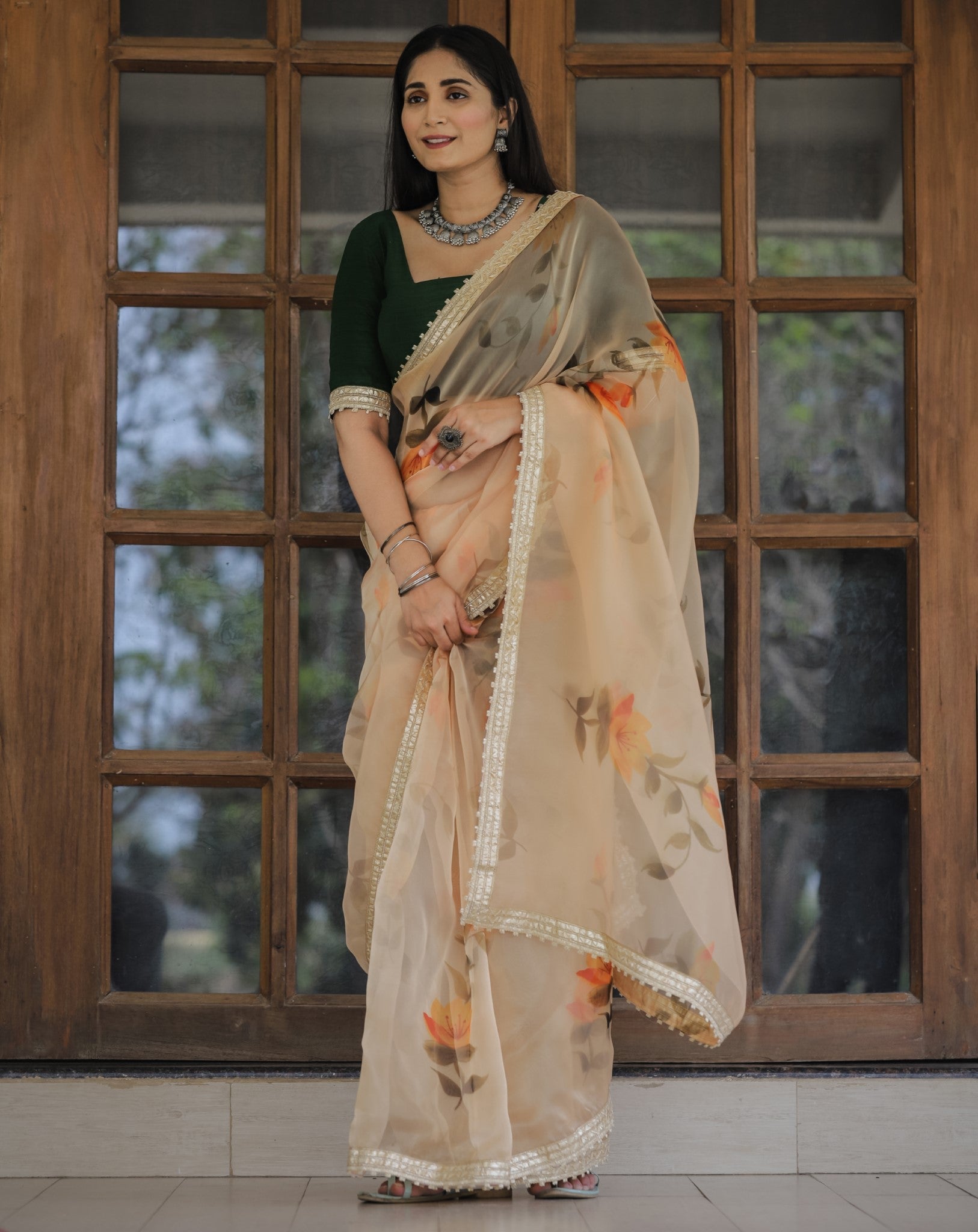 Yellow Color Lace Work Flower Print Organza Saree - Colorful Saree