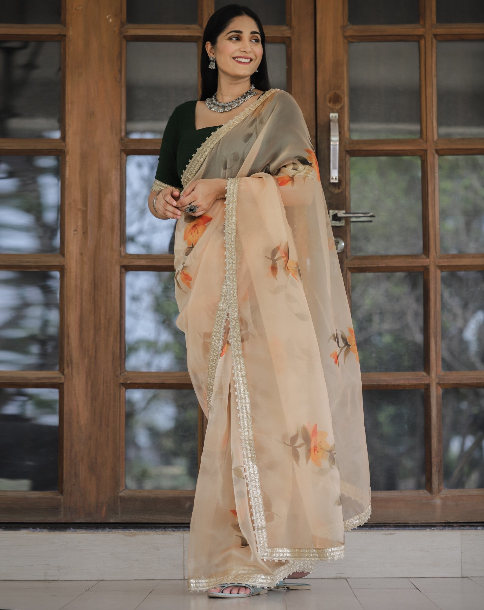 Yellow Color Lace Work Flower Print Organza Saree - Colorful Saree