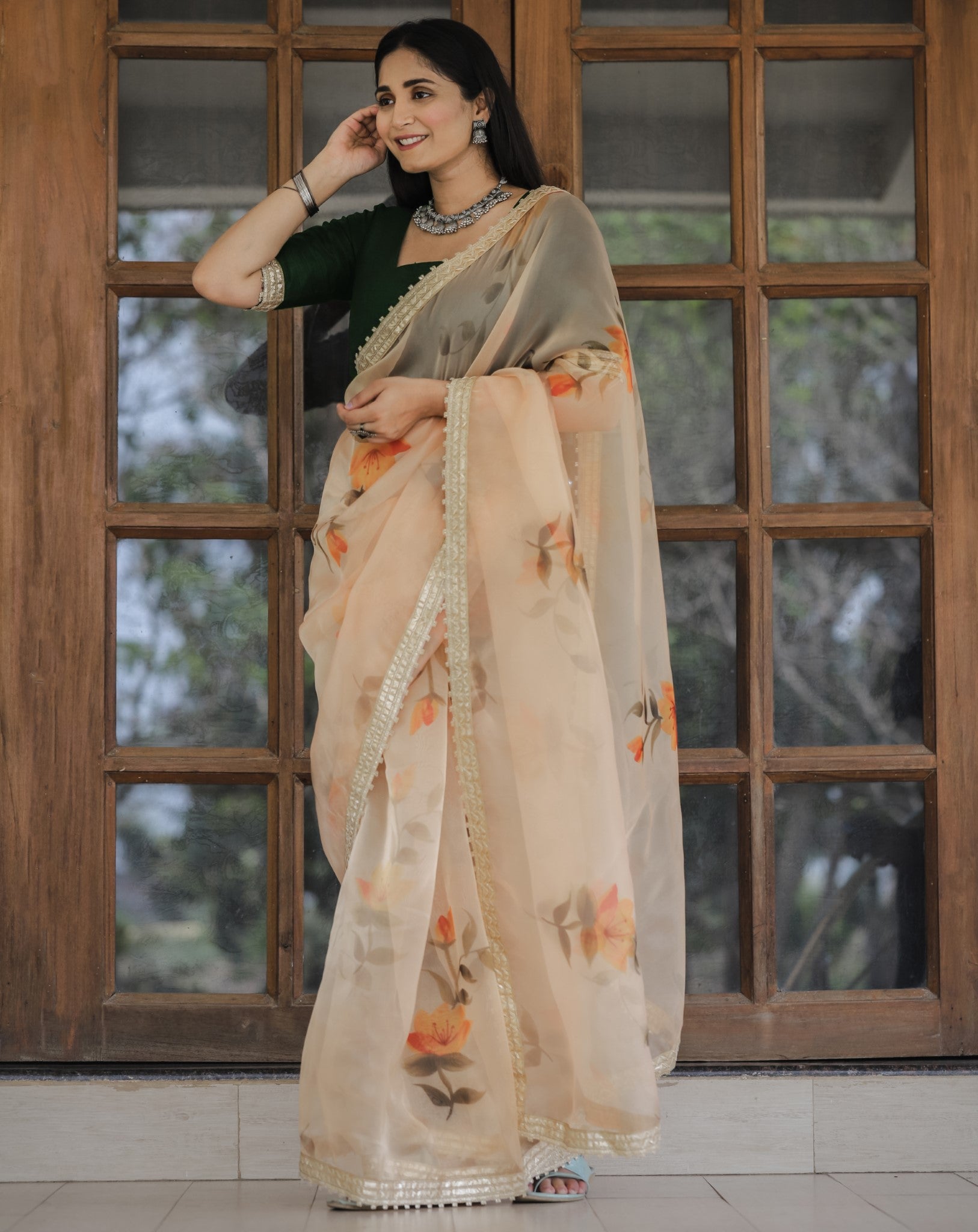 Yellow Color Lace Work Flower Print Organza Saree - Colorful Saree