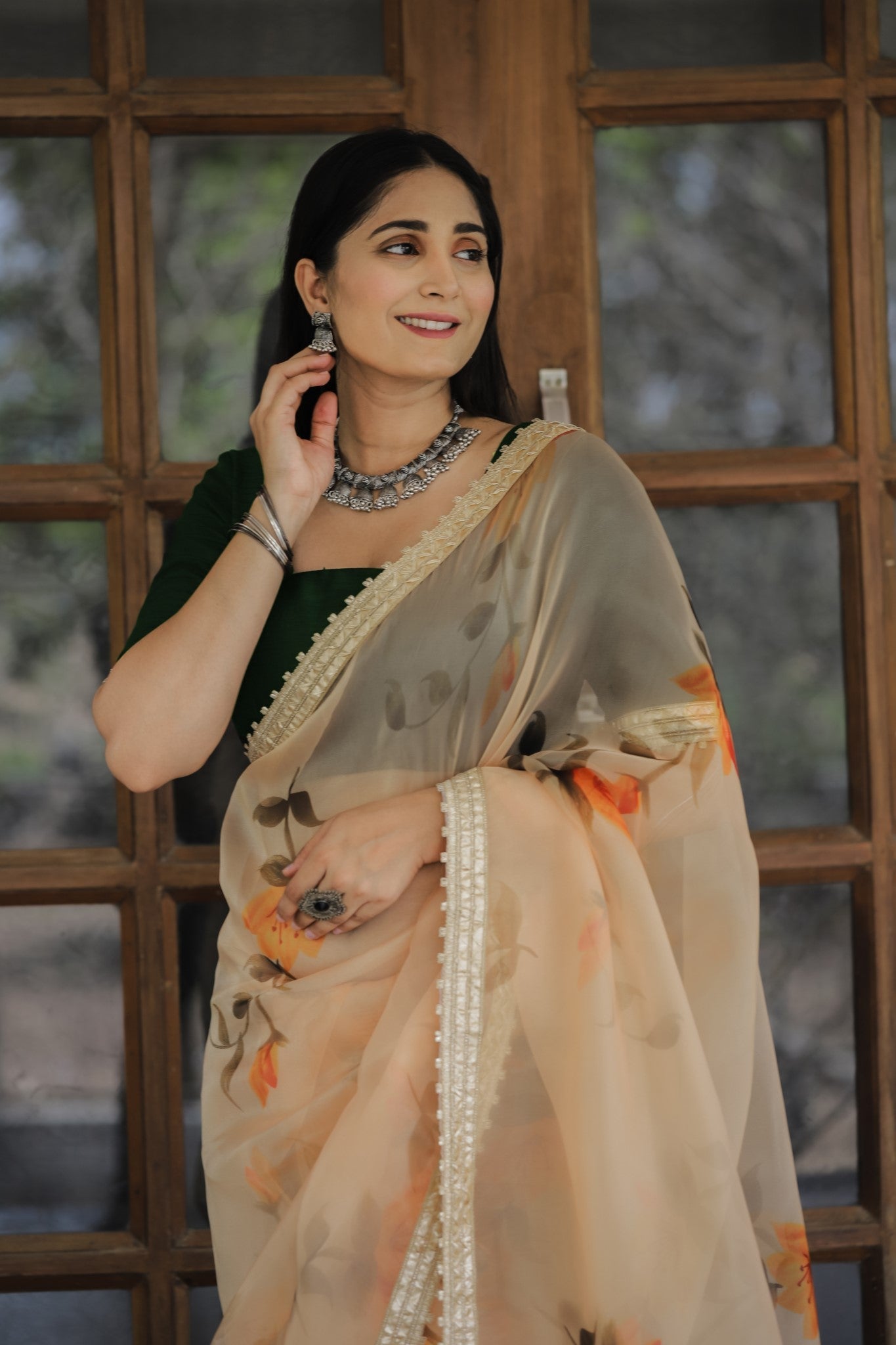 Yellow Color Lace Work Flower Print Organza Saree - Colorful Saree