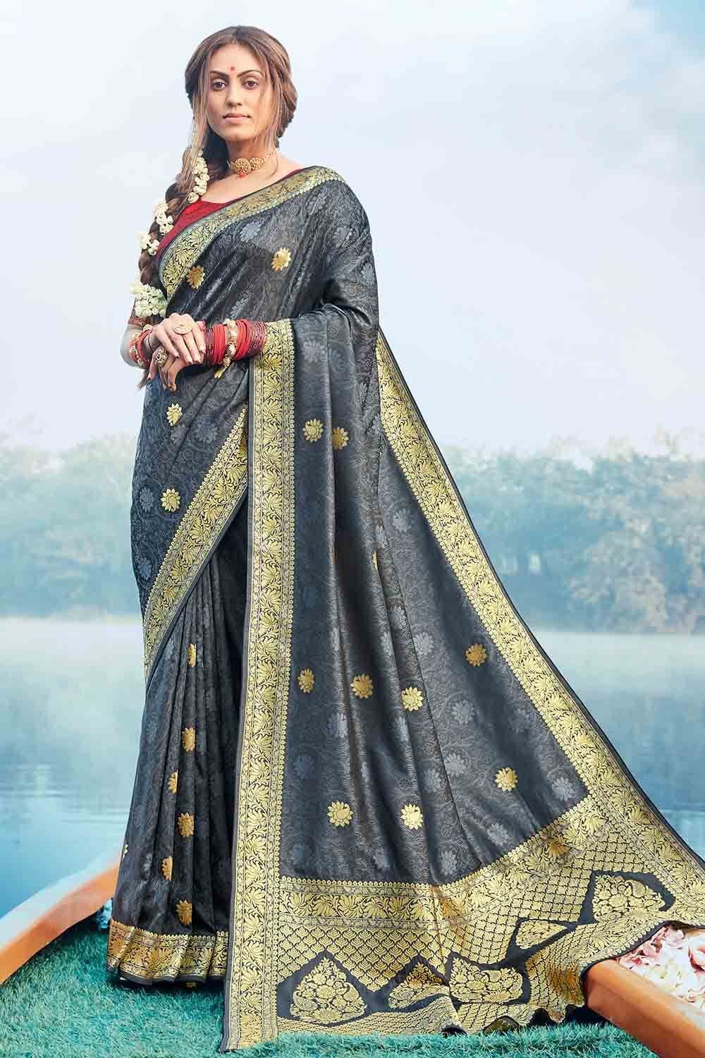 Anchor Grey Zari Butta Woven Banarasi Saree - Colorful Saree