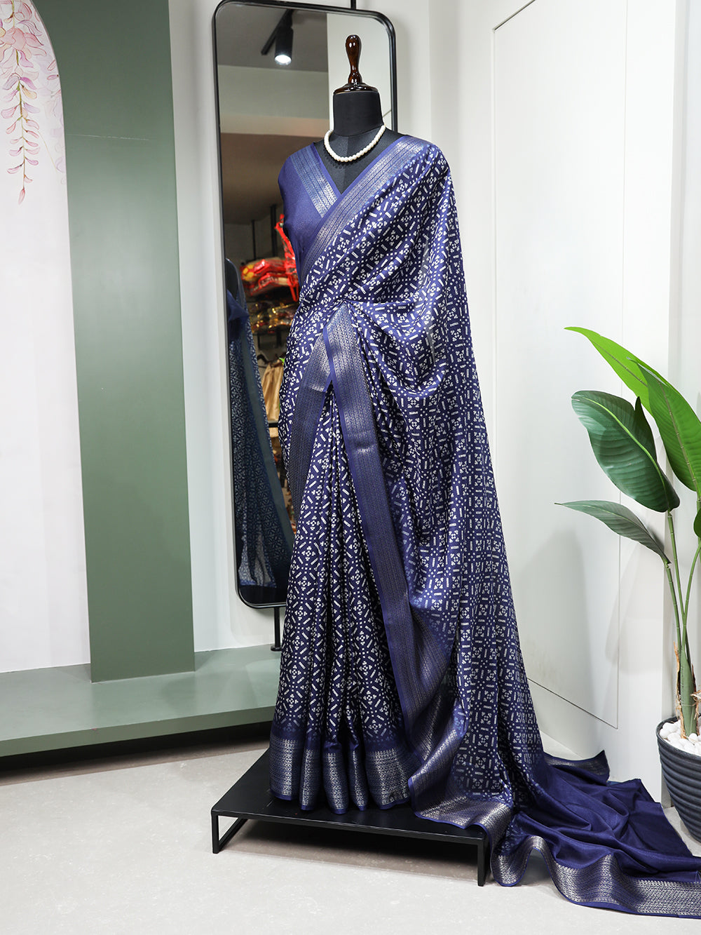 Navy Blue Color Printed With Zari Border Dola Silk Saree Colorful Saree