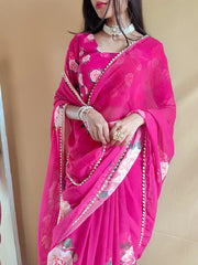 Pink Color Printed With Peral Lace Border Georgette Trending Saree Colorful Saree