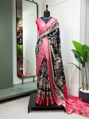 Black Color Printed With Zari Border Dola Silk Wedding Wear Saree - Colorful Saree