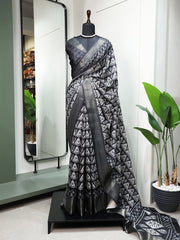 Black Color Printed With Zari Border Dola Silk Saree - Colorful Saree