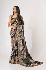 Black Organza Saree with Sequin Embroidery and Digital Print - Colorful Saree