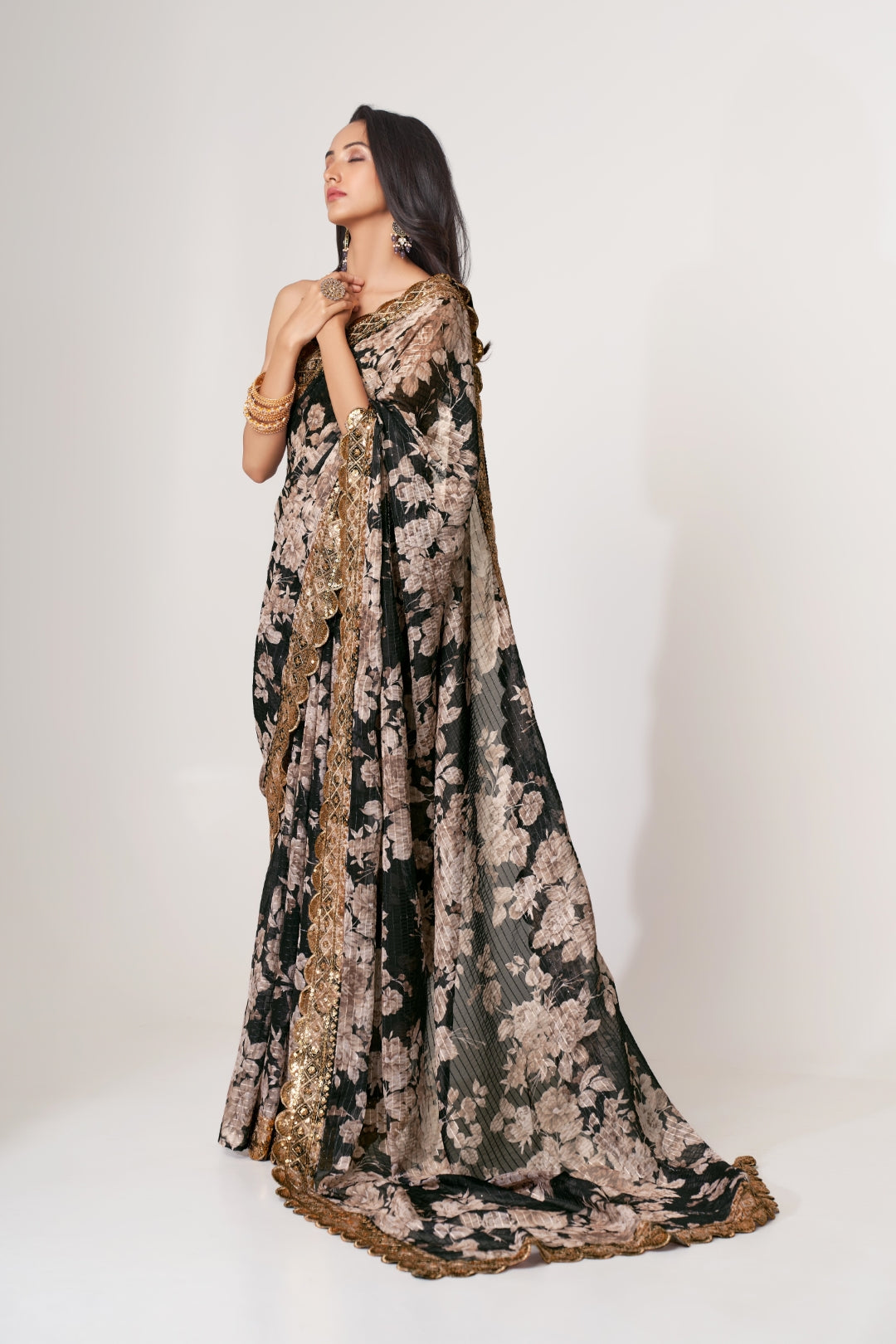 Black Organza Saree with Sequin Embroidery and Digital Print - Colorful Saree