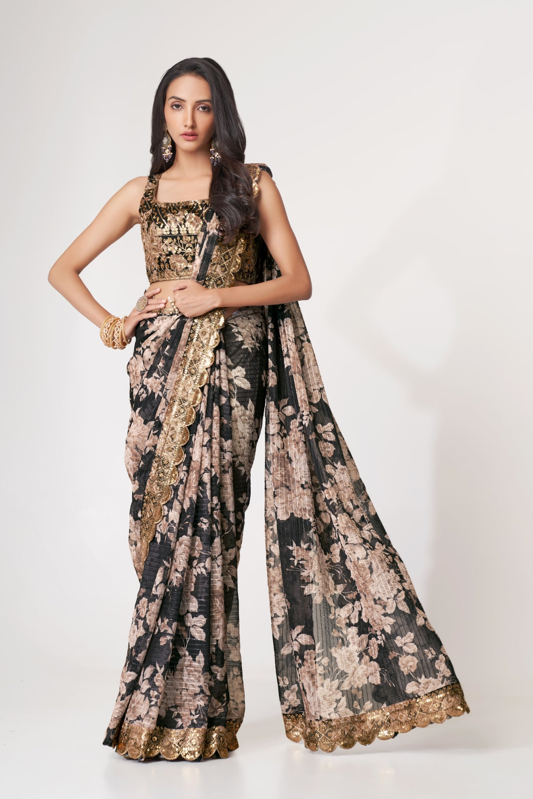 Black Organza Saree with Sequin Embroidery and Digital Print - Colorful Saree