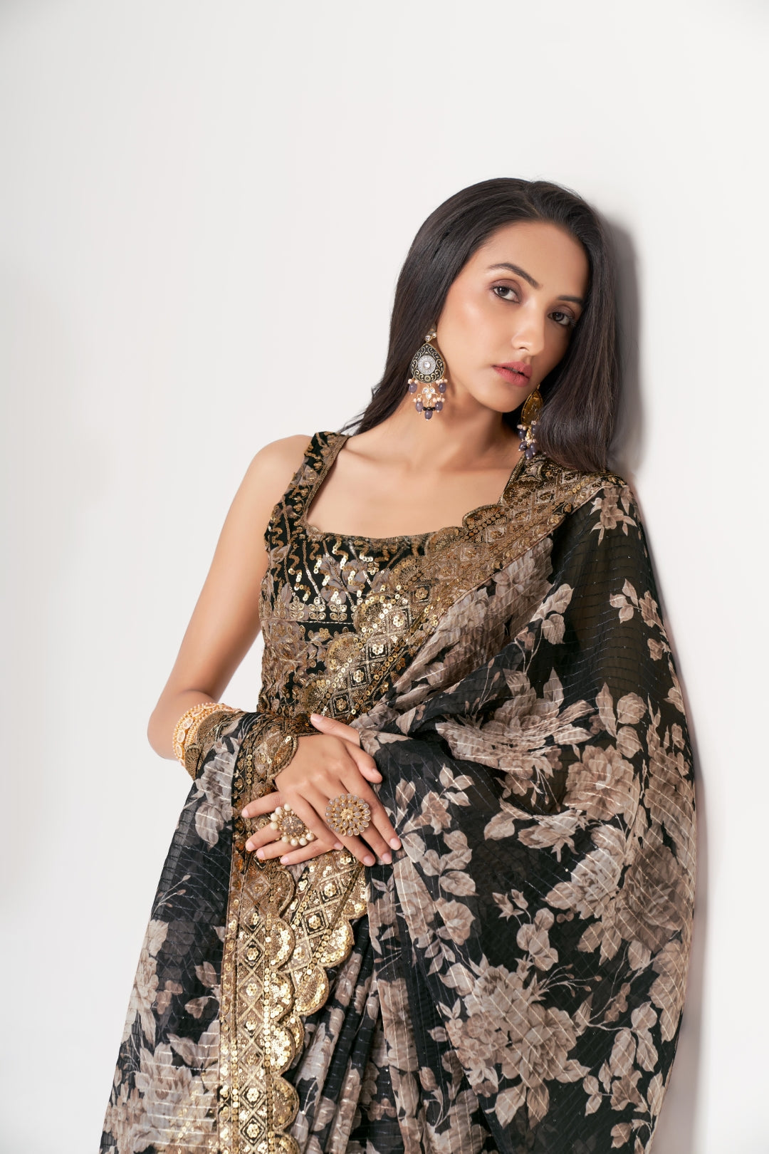 Black Organza Saree with Sequin Embroidery and Digital Print - Colorful Saree