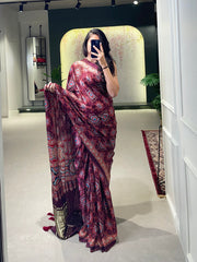Brown Color Floral & Foil Work Gaji Silk Saree - Colorful Saree
