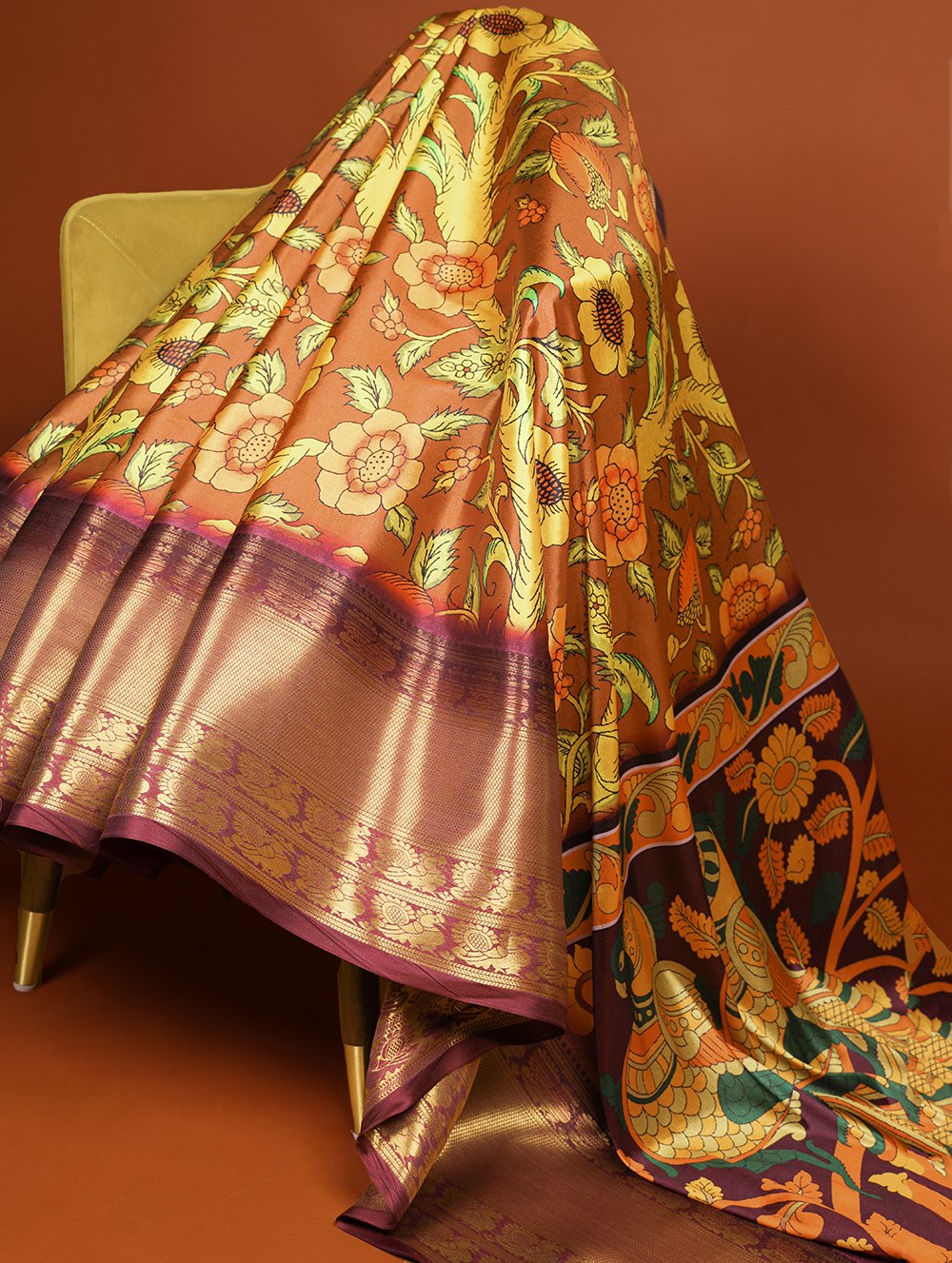 Brown Printed Dola Silk Saree Set for Weddings & Special Occasions - Colorful Saree