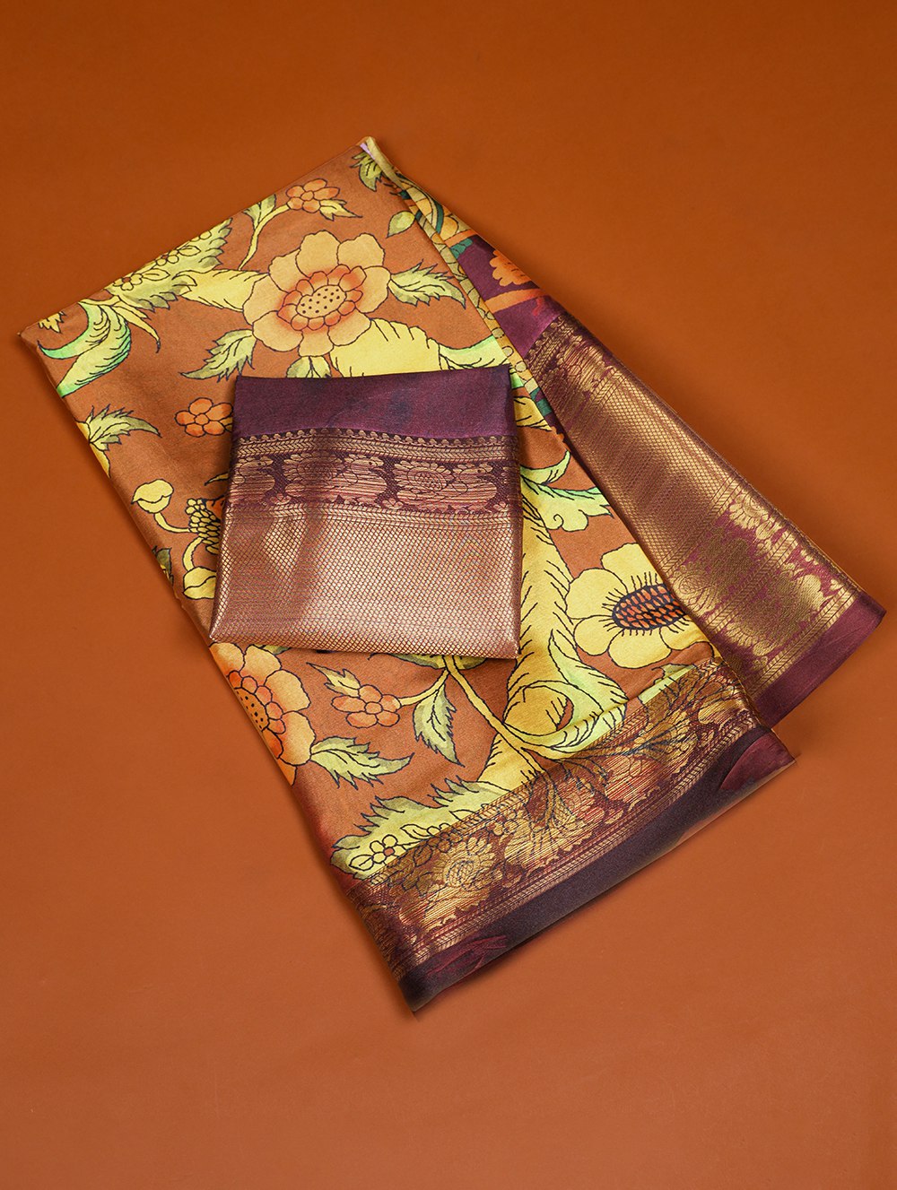 Brown Printed Dola Silk Saree Set for Weddings & Special Occasions - Colorful Saree