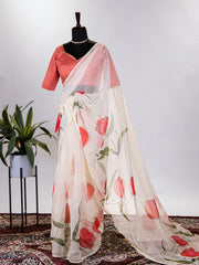 Cream Color Floral & Foil Printed Organza Saree - Colorful Saree