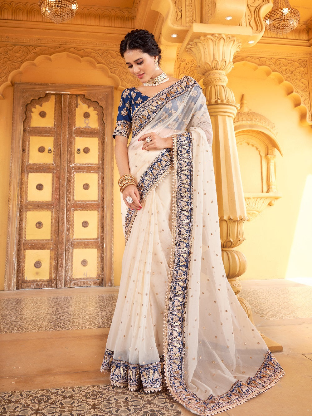 Cream Color Crushed Chinon Saree - Colorful Saree