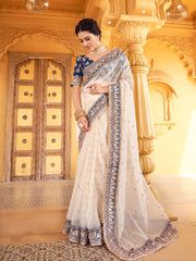Cream Color Crushed Chinon Saree - Colorful Saree
