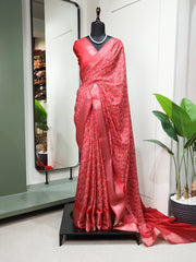 Crimson Color Printed With Zari Border Dola Silk Saree Colorful Saree