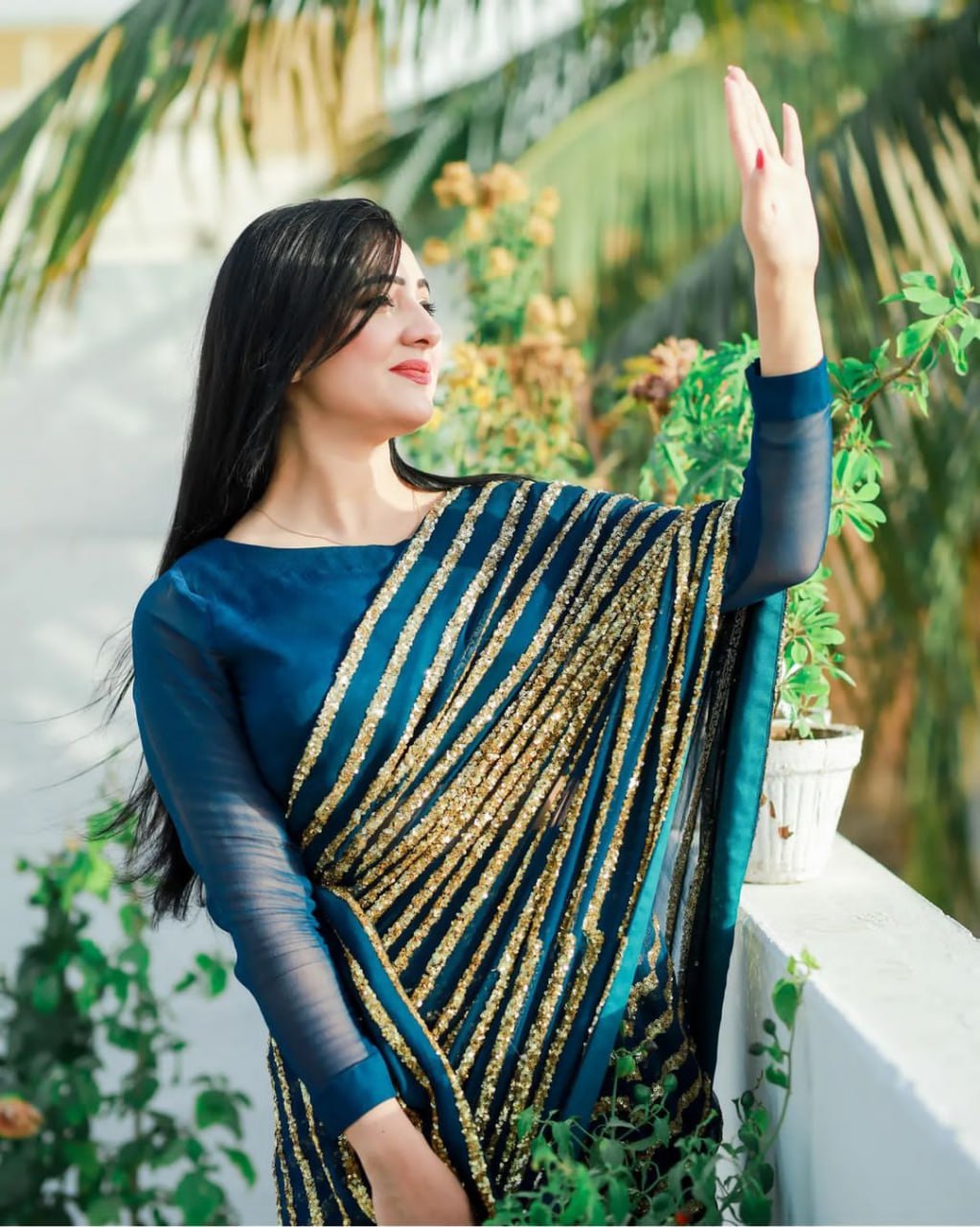 Dazzling Blue & Gold Striped Sequin Saree - Weave Elegance at Weddings & Parties Colorful Saree