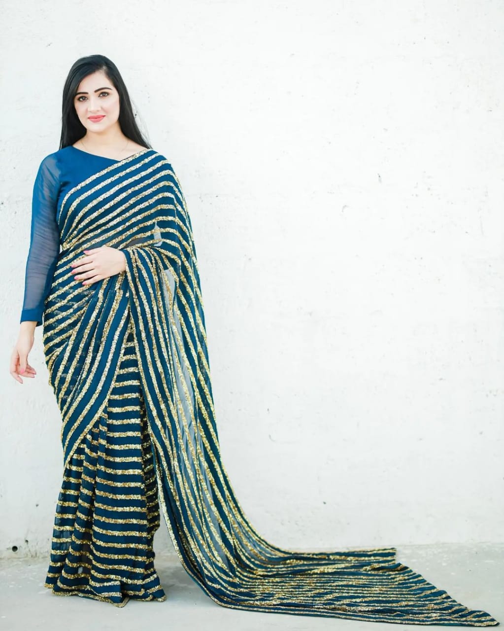 Dazzling Blue & Gold Striped Sequin Saree - Weave Elegance at Weddings & Parties Colorful Saree