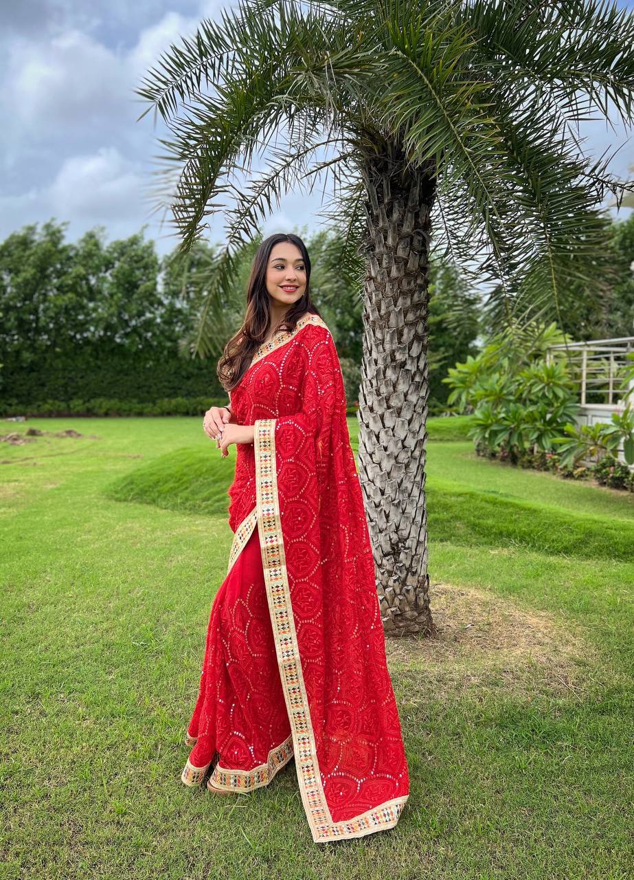 Dazzling Red Karva Chauth Georgette Chikankari Saree with Sequined Border & Viscose Thread Embroidery Colorful Saree