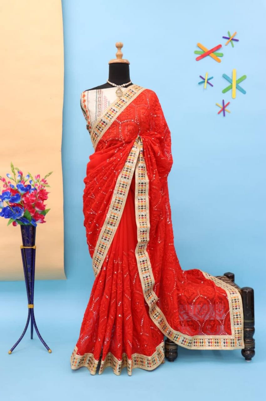 Dazzling Red Karva Chauth Georgette Chikankari Saree with Sequined Border & Viscose Thread Embroidery Colorful Saree