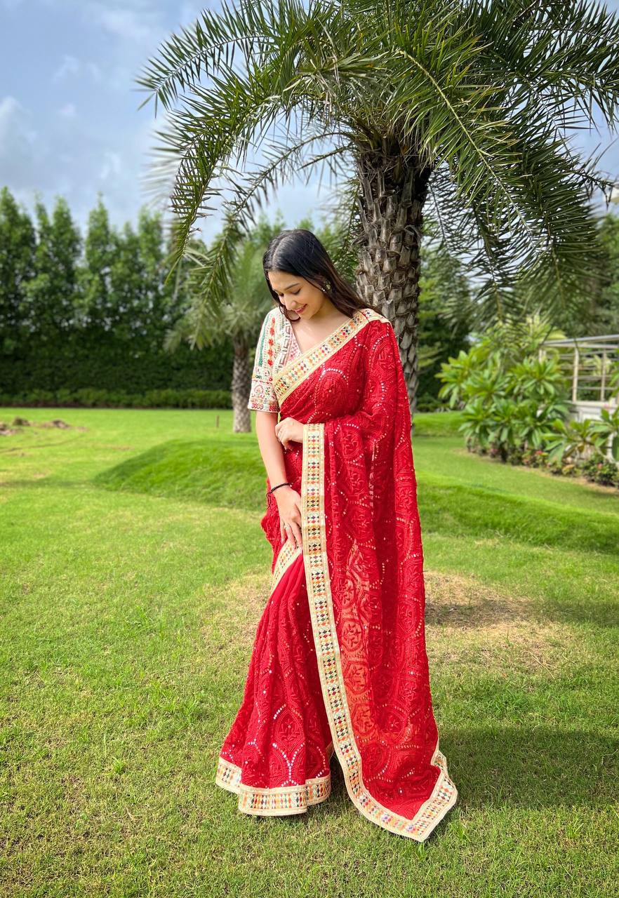 Dazzling Red Karva Chauth Georgette Chikankari Saree with Sequined Border & Viscose Thread Embroidery Colorful Saree