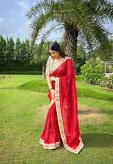 Dazzling Red Karva Chauth Georgette Chikankari Saree with Sequined Border & Viscose Thread Embroidery Colorful Saree