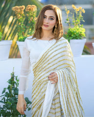 Dazzling White & Gold Striped Sequin Saree - Weave Elegance at Weddings & Parties Colorful Saree