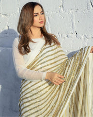 Dazzling White & Gold Striped Sequin Saree - Weave Elegance at Weddings & Parties Colorful Saree