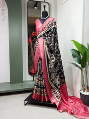 Black Color Printed With Zari Border Dola Silk Wedding Wear Saree - Colorful Saree