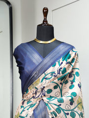 Navy Blue Color Printed With Zari Border Dola Silk Saree Colorful Saree