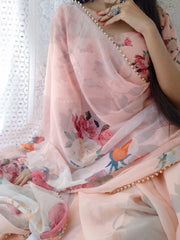Peach Color Printed With Pearl Lace Border Georgette Saree Colorful Saree