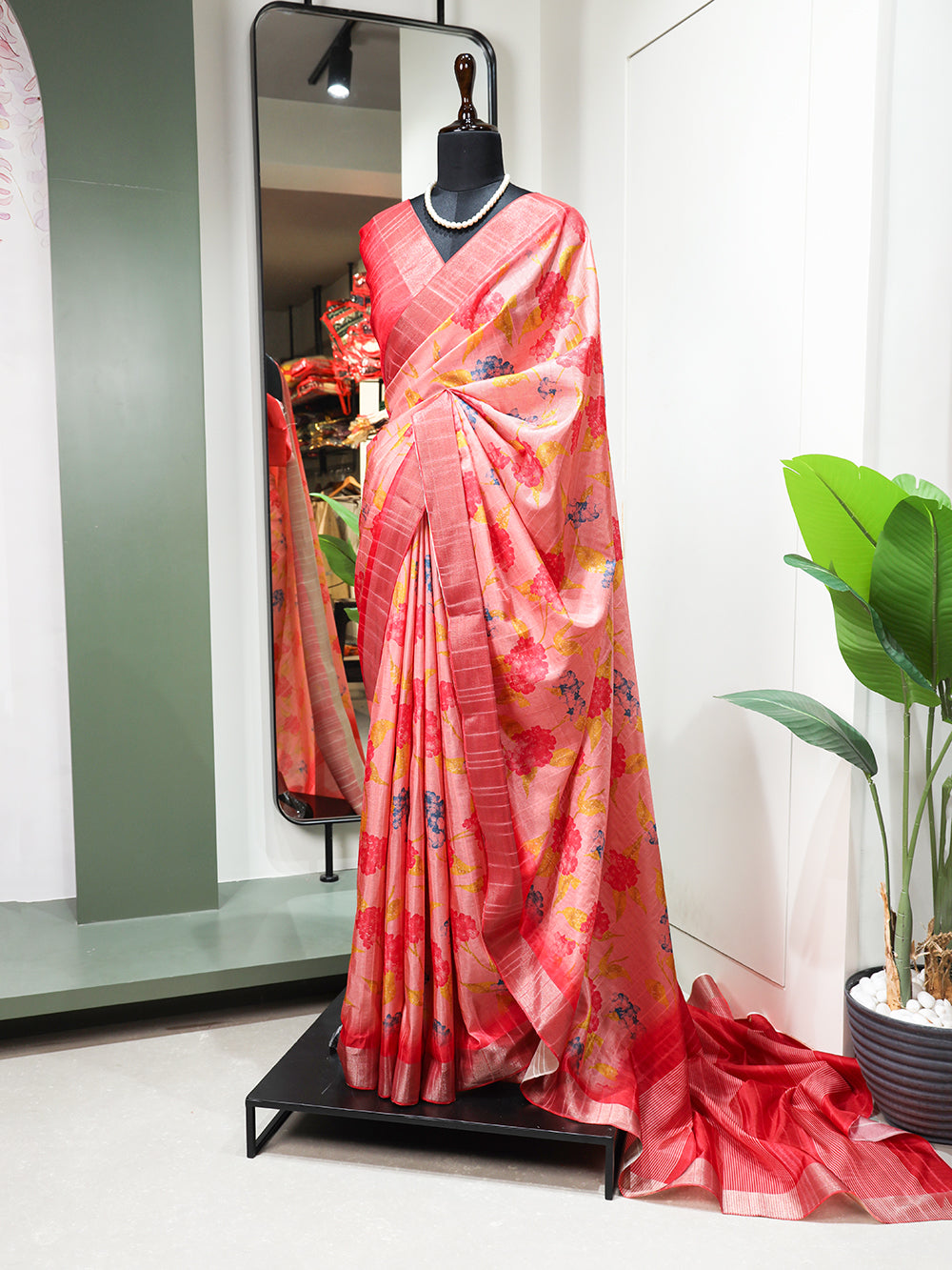 Pink Color Digital Printed Handloom Kotha Border Saree Colorful Saree