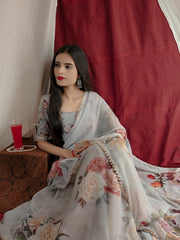 Off White Color Printed With Pearl Lace Border Georgette Saree Colorful Saree