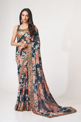 Dove Blue Organza Saree with Sequin Embroidery and Digital Print Colorful Saree