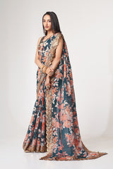 Dove Blue Organza Saree with Sequin Embroidery and Digital Print Colorful Saree