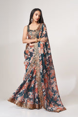 Dove Blue Organza Saree with Sequin Embroidery and Digital Print Colorful Saree