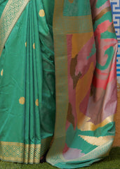Mint Green Silk Saree with Zari Border and Abstract Digital Print on Pallu - Colorful Saree