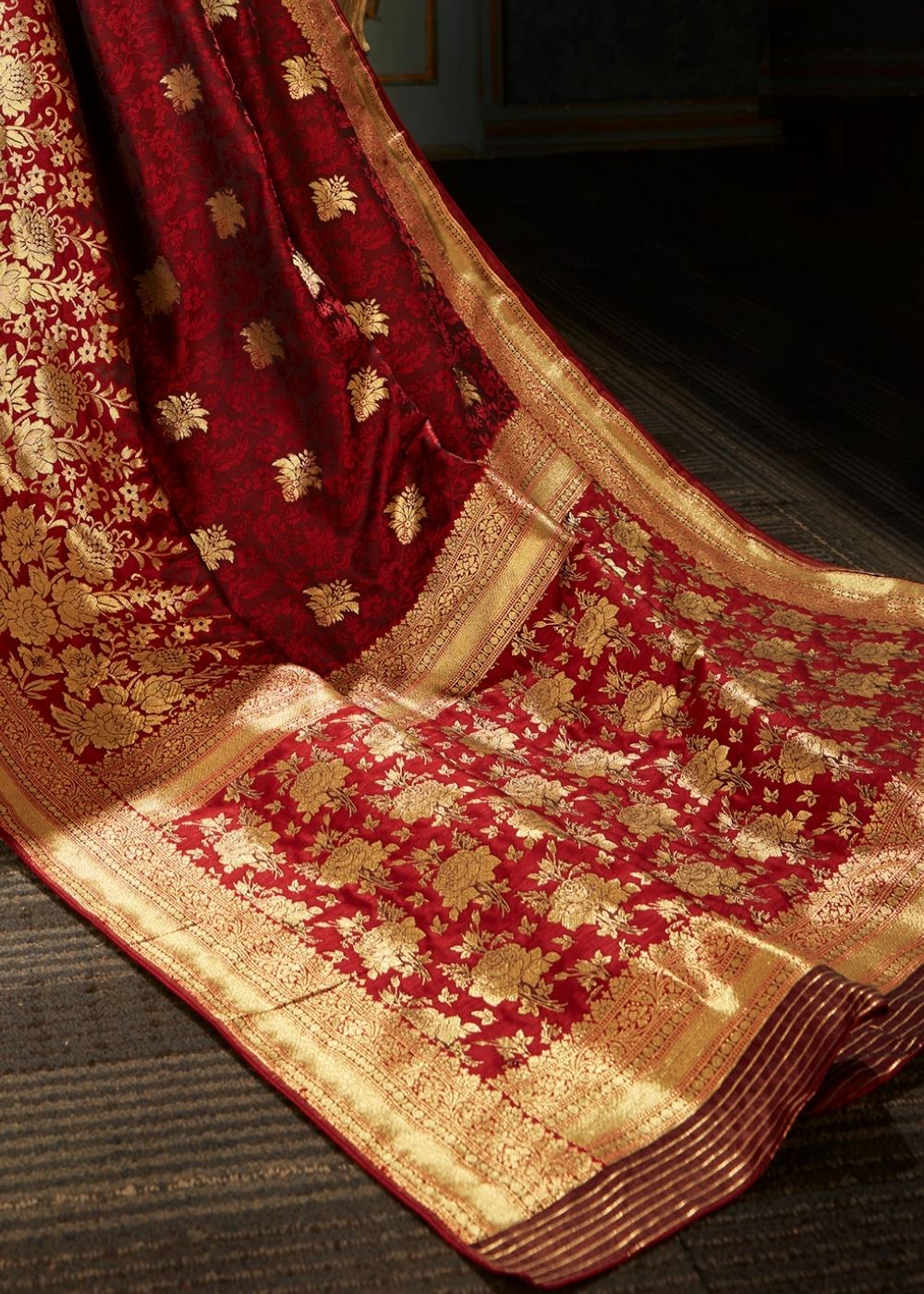 Maroon Red and Golden Banarasi Silk Saree - Colorful Saree