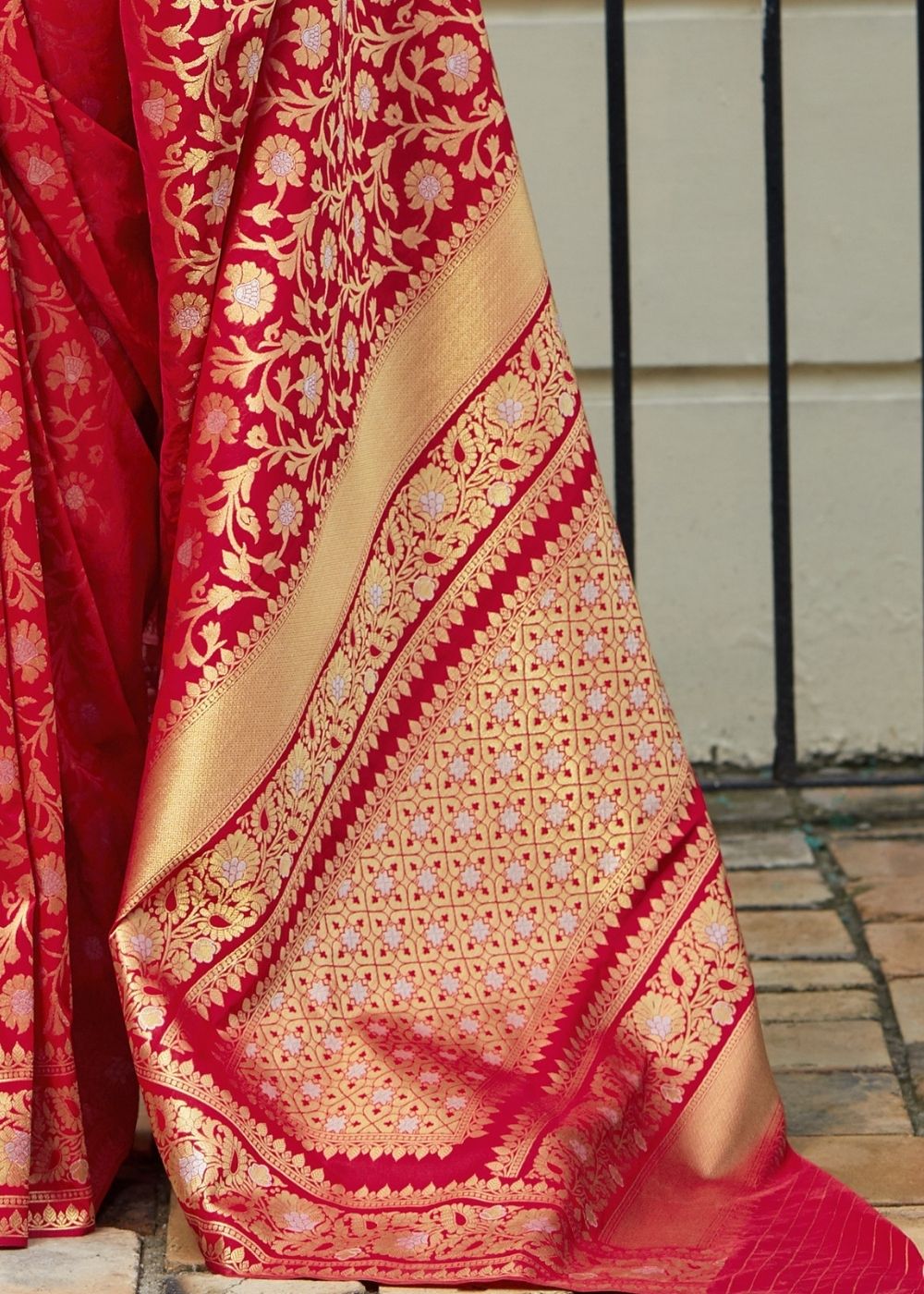 Cherry Red Banarasi Silk Saree with Floral Zari work - Colorful Saree