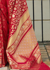 Cherry Red Banarasi Silk Saree with Floral Zari work - Colorful Saree