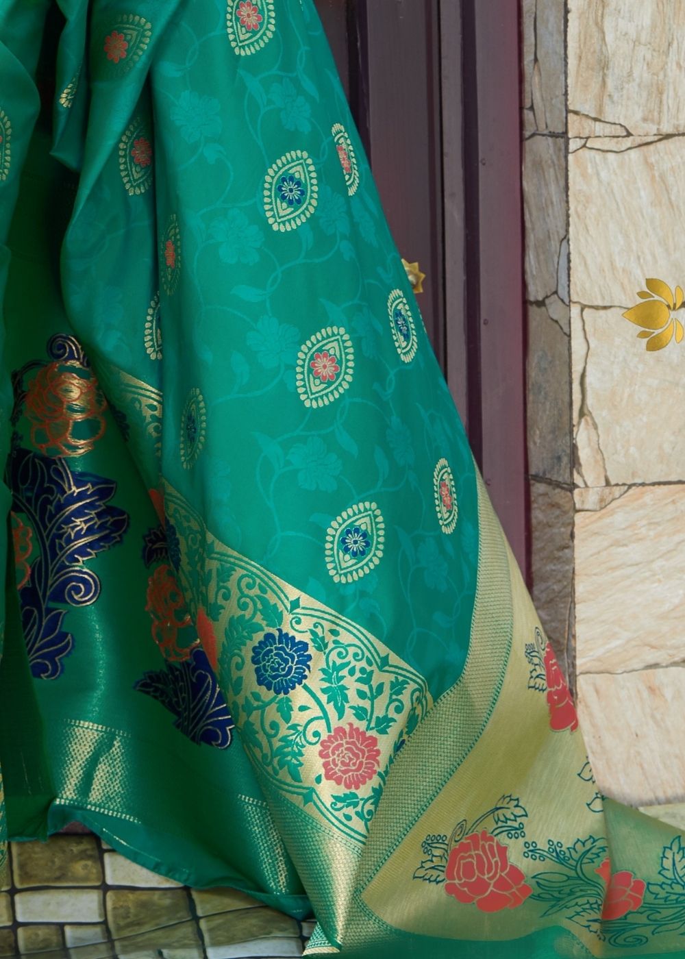 Emerald Green Silk Saree with Floral Motif Zari Border - Colorful Saree