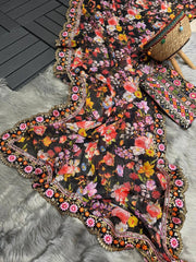 Enchanting Black Georgette Designer Saree with Floral Digital Print, Thread & Sequence Work - Perfect for Weddings & Special Occasions Colorful Saree