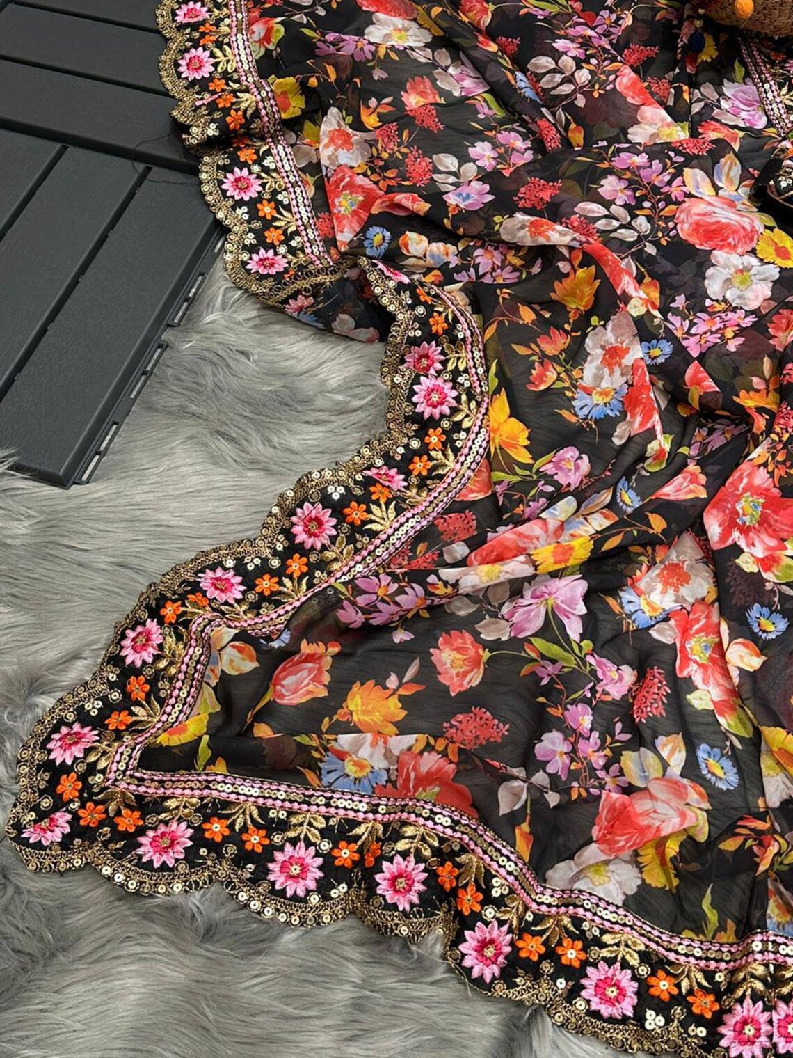 Enchanting Black Georgette Designer Saree with Floral Digital Print, Thread & Sequence Work - Perfect for Weddings & Special Occasions Colorful Saree