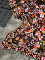 Enchanting Black Georgette Designer Saree with Floral Digital Print, Thread & Sequence Work - Perfect for Weddings & Special Occasions Colorful Saree
